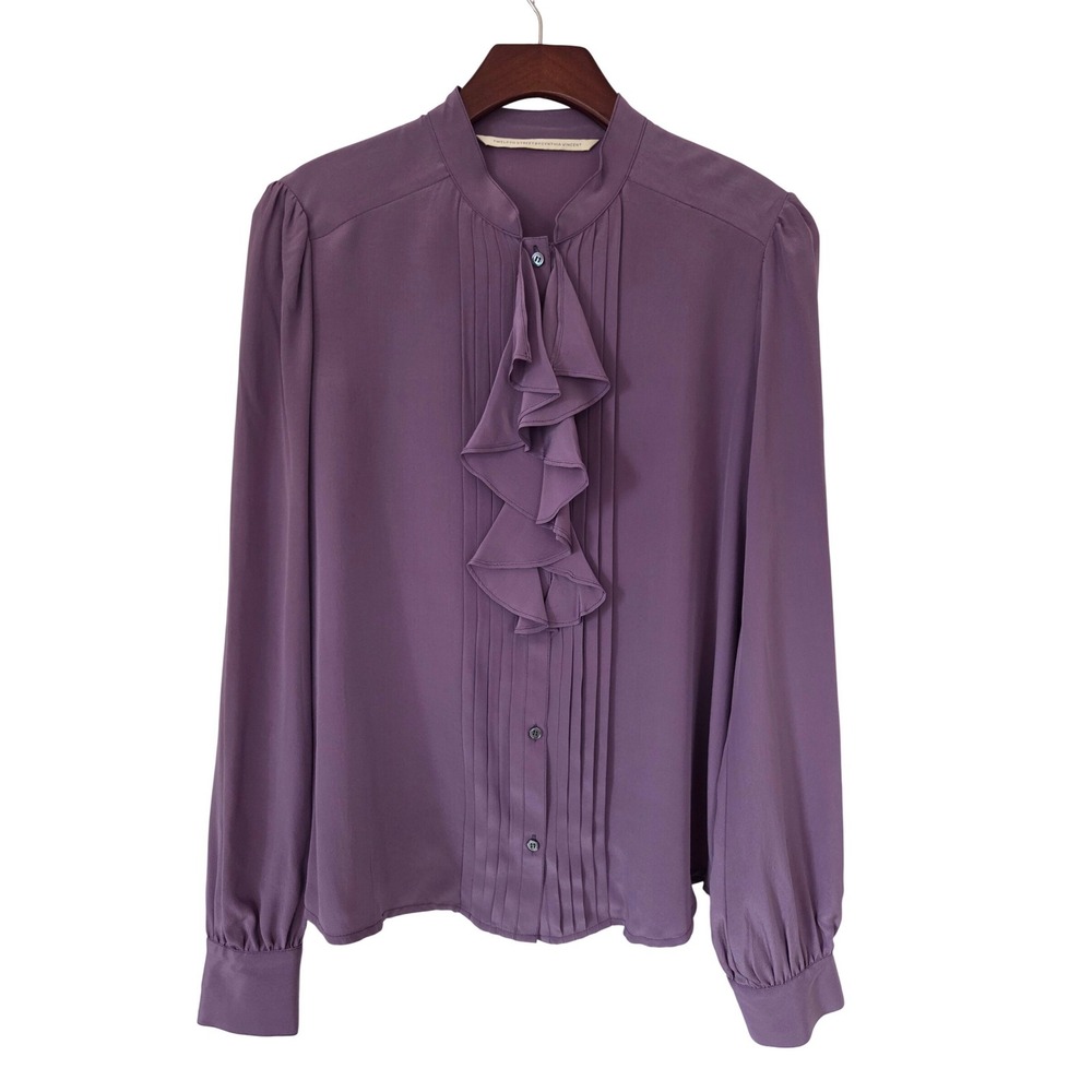 Twelfth Street Cynthia Vincent Ruffle Silk Blouse Womens L Purple NWT